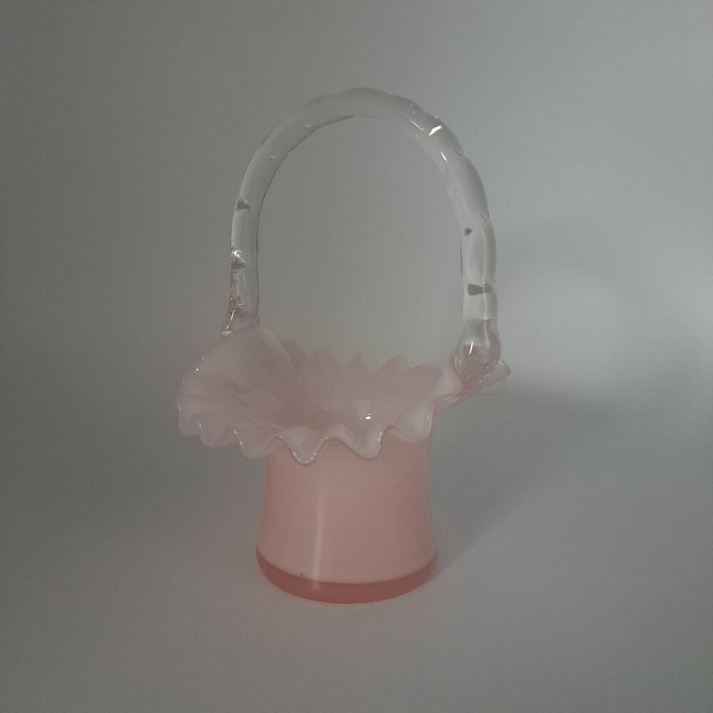 Fenton Overlay Pink Handled Glass Basket With Ruffled Edge